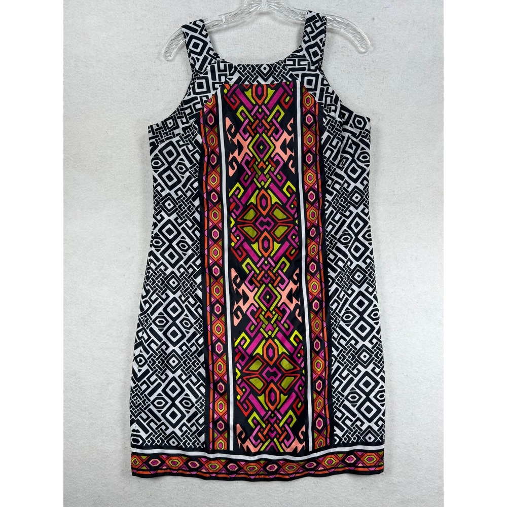 Madison Leigh Geometric Tribal Print Shift Dress Pink Green Black White Size 10